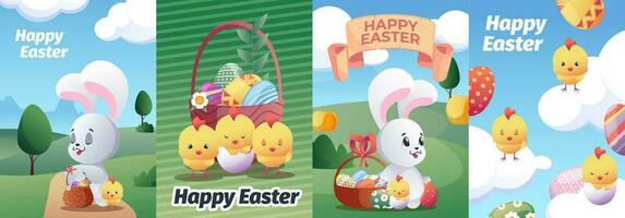 Easter posters. Abstract modern posters with cartoon colorful eggs cute bunnies chicks for spring holiday celebration postcard. Vector background set