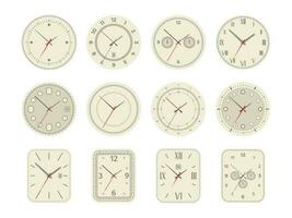 término análogo reloj marcar. mecánico reloj cara con Arábica romano numerales segundo minuto mano, reloj de pulsera conjunto con cronómetro hora día simbolos vector colección