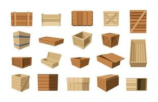 Wood container. Cartoon warehouse with wooden boxes crates pallets containers for delivery goods, market shipment distribution packaging. Vector set