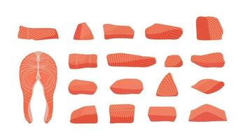 Salmon collection. Fresh raw red fish slices cartoon flat style, healthy atlantic trout steaks tail fin seafood gourmet meal. Vector isolated collection