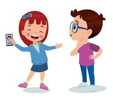 linda pequeño niña y chico utilizando inteligente teléfono. vector ilustración.