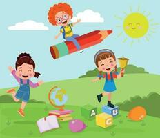 Happy kids playing with educational toys in the park. Vector illustration.