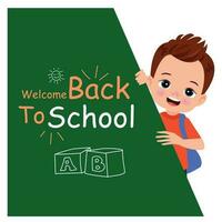 Back to school banner. Cute little boy holding a chalkboard with letters. Vector illustration.