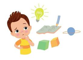 Cute little boy thinking and finding solution to problem. Vector illustration.