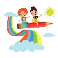 linda pequeño chico y niña montando un arcoíris. vector ilustración.