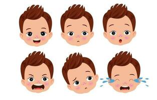 Cute little boy with different facial expressions set. Vector illustration.