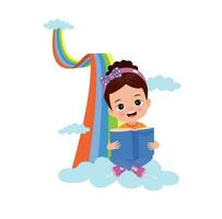 linda pequeño niña sentado en el nube y leyendo un libro. vector ilustración