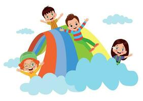 Children playing on a rainbow. Vector illustration in flat cartoon style.