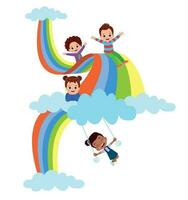 niños jugando en un arcoíris. vector ilustración en plano dibujos animados estilo.
