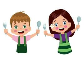 Cartoon happy little boy holding a spoon and fork vector