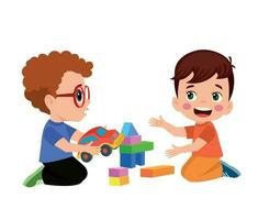 Vector Illustration Of Kid Playing With Building Blocks