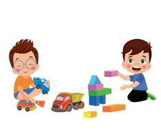 Vector Illustration Of Kid Playing With Building Blocks