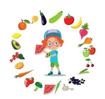 cute kids eating assorted fruits vector