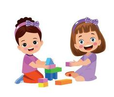 Vector Illustration Of Kid Playing With Building Blocks