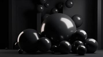 , geometric figures, floating spheres and balls in black color. Glossy banner, 3D scene effect, modern macro photorealistic abstract background illustration. photo