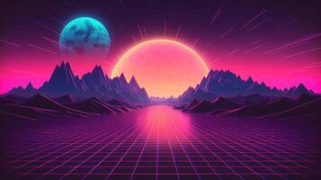 generativo ai, Años 80 retro futurista ciencia ficción., nostálgico años 90 noche y puesta de sol neón colores, cyberpunk Clásico ilustración. sol, montañas y palmas retrowave vj videojuego paisaje. foto