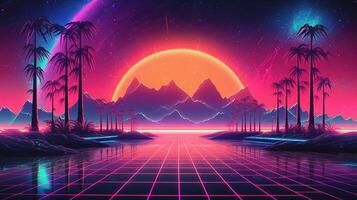 generativo ai, Años 80 retro futurista ciencia ficción., nostálgico años 90 noche y puesta de sol neón colores, cyberpunk Clásico ilustración. sol, montañas y palmas retrowave vj videojuego paisaje. foto