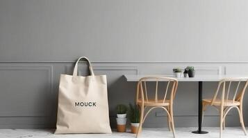 , Realistic beige tote canvas fabric bag set-up in at home interior, shopper mock up blank. photo