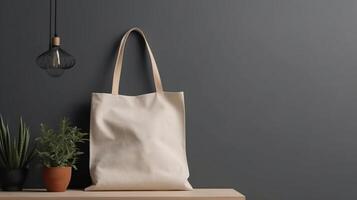 , Realistic beige tote canvas fabric bag set-up in at home interior, shopper mock up blank. photo