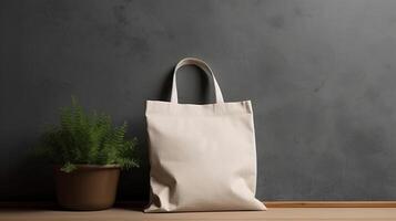 generativo ai, realista beige totalizador lona tela bolso configuración en a hogar interior, comprador burlarse de arriba blanco. foto