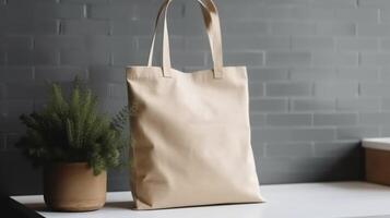 generativo ai, realista beige totalizador lona tela bolso configuración en a hogar interior, comprador burlarse de arriba blanco. foto