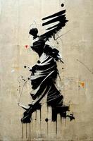 , Ink black street graffiti art on a textured paper vintage background, inspired by Banksy. Vertical poster. photo