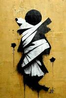 generativo ai, tinta negro calle pintada Arte en un texturizado papel Clásico fondo, inspirado por Banksy vertical póster. foto
