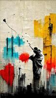 , Ink black street graffiti art on a textured paper vintage background, inspired by Banksy. Vertical poster. photo