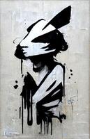 , Ink black street graffiti art on a textured paper vintage background, inspired by Banksy. Vertical poster. photo