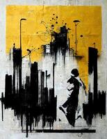 , Ink black street graffiti art on a textured paper vintage background, inspired by Banksy. Vertical poster. photo