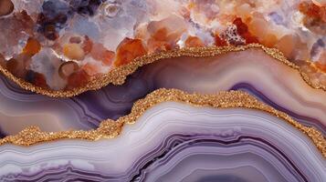 , natural volcanic agate stones close-up light digital lavender and golden texture. Wallpaper background, quartz marble, decorative rock pattern photo