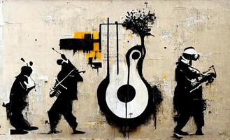 , Abstract Street art with keys and musical instruments silhouettes. Ink colorful graffiti art on a textured paper vintage background, inspired by Banksy. photo