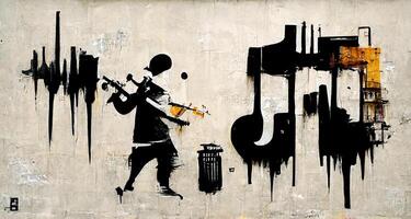 , Abstract Street art with keys and musical instruments silhouettes. Ink colorful graffiti art on a textured paper vintage background, inspired by Banksy. photo