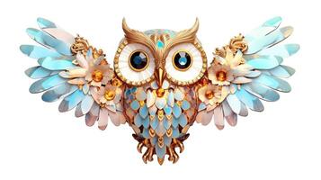 , beautiful colorful owl brooch, opal stone and golden color palette isolated on white background. Bijouterie, jewelry close up photo
