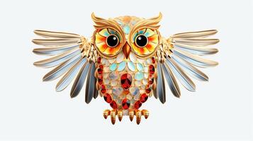 , beautiful colorful owl brooch, opal stone and golden color palette isolated on white background. Bijouterie, jewelry close up photo