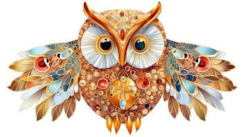 , beautiful colorful owl brooch, opal stone and golden color palette isolated on white background. Bijouterie, jewelry close up photo