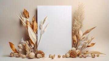 , Bohemian white blank sheet paper surrounded by natural dried leaves and plants, poster mock up photo