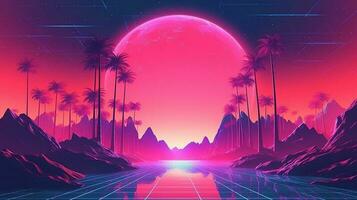 Generative AI, 80s retro futuristic sci-fi., nostalgic 90s. Night and sunset neon colors, cyberpunk vintage illustration. Sun, mountains and palms. Retrowave VJ videogame landscape. photo