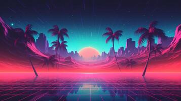 generativo ai, Años 80 retro futurista ciencia ficción., nostálgico años 90 noche y puesta de sol neón colores, cyberpunk Clásico ilustración. sol, montañas y palmas retrowave vj videojuego paisaje. foto