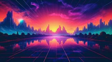 generativo ai, Años 80 retro futurista ciencia ficción., nostálgico años 90 noche y puesta de sol neón colores, cyberpunk Clásico ilustración. sol, montañas y palmas retrowave vj videojuego paisaje. foto