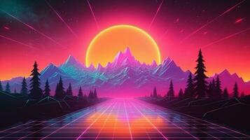 generativo ai, Años 80 retro futurista ciencia ficción., nostálgico años 90 noche y puesta de sol neón colores, cyberpunk Clásico ilustración. sol, montañas y palmas retrowave vj videojuego paisaje. foto