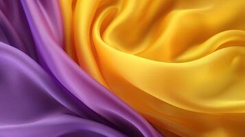 Generative AI, Flowing chiffon fabric texture in purple violet and yellow color. Glossy spring banner, material 3D effect, modern macro photorealistic abstract background illustration. photo