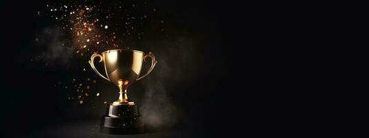 Generative AI, Winner trophy with flames, golden champion cup with falling confetti on dark background photo