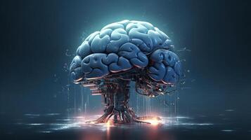 , human brain and artificial intelligence concept, big data processing, computer motherboard. Education, knowledge and creativity photo