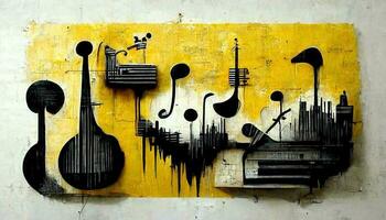 Generative AI, Abstract Street art with keys and musical instruments silhouettes. Ink colorful graffiti art on a textured paper vintage background, inspired by Banksy. photo
