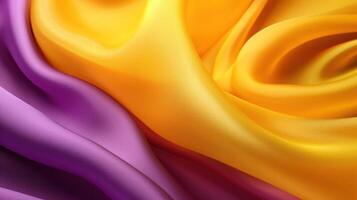 Generative AI, Flowing chiffon fabric texture in purple violet and yellow color. Glossy spring banner, material 3D effect, modern macro photorealistic abstract background illustration. photo