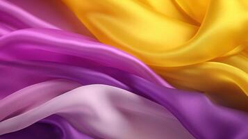 , Flowing chiffon fabric texture in purple violet and yellow color. Glossy spring banner, material 3D effect, modern macro photorealistic abstract background illustration. photo