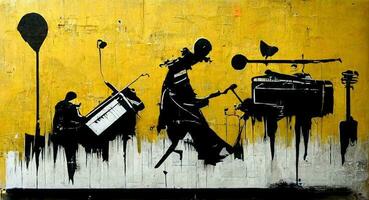 Generative AI, Abstract Street art with keys and musical instruments silhouettes. Ink colorful graffiti art on a textured paper vintage background, inspired by Banksy. photo