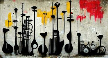 Generative AI, Abstract Street art with keys and musical instruments silhouettes. Ink colorful graffiti art on a textured paper vintage background, inspired by Banksy. photo