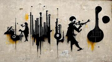 Generative AI, Abstract Street art with keys and musical instruments silhouettes. Ink colorful graffiti art on a textured paper vintage background, inspired by Banksy. photo